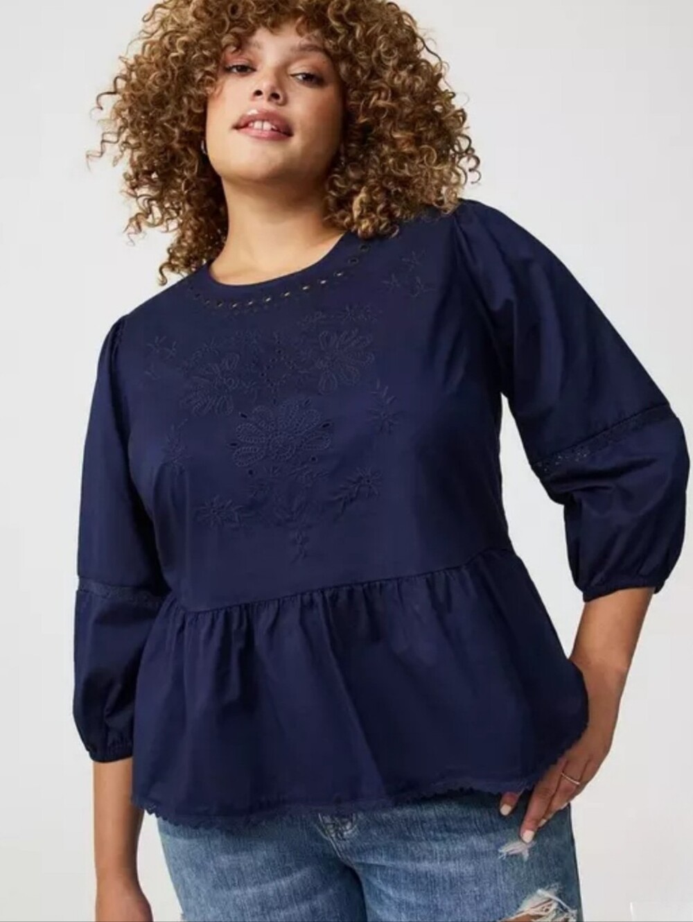 NEW Torrid Size 0X Size 12 Blue Peplum Cotton Eyelet Lace Blouse 3689-CT